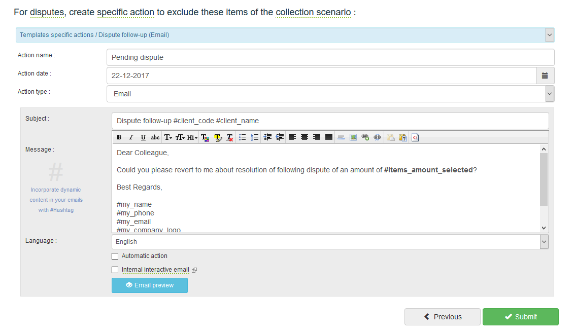 specific dispute follow up action